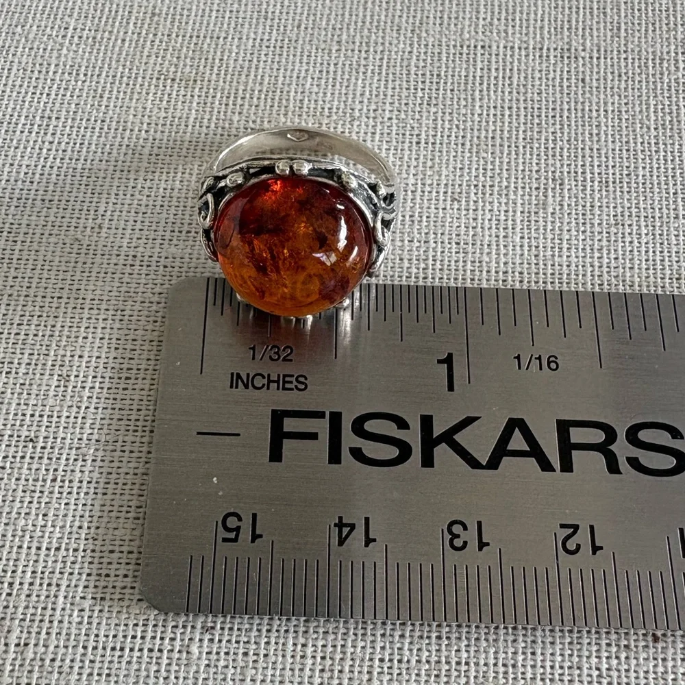 Sterling Silver and Amber Cabochon Bezel Set Ring